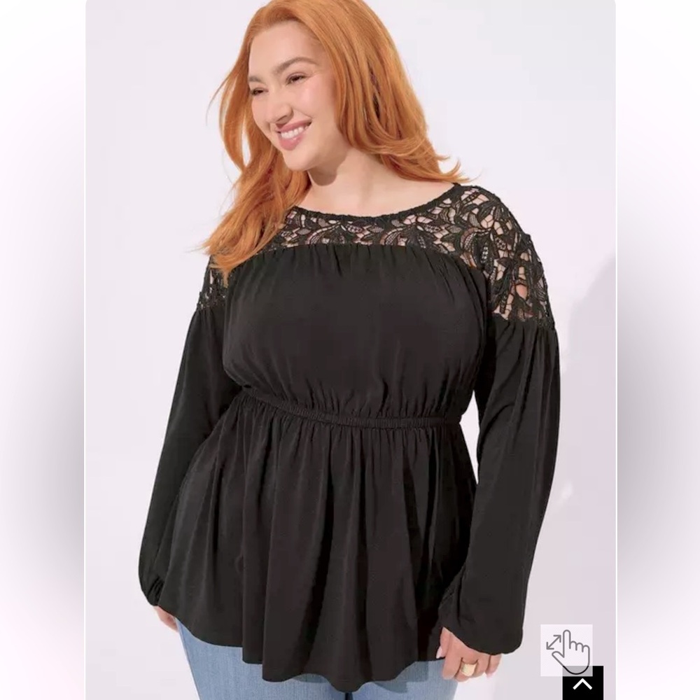 NWT Torrid Deep Black Studio Crepe Lace / Crochet Yoke Babydoll Top (00 or M/L)